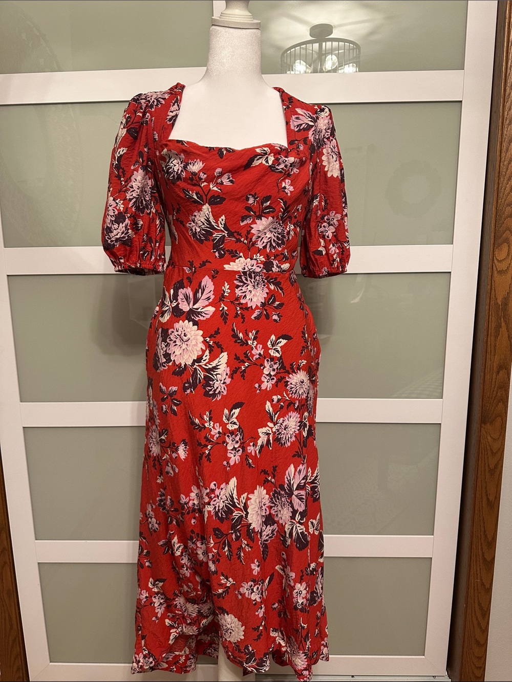 Anthropologie Maeve Red Floral Midi Dress with Puff Sleeves
